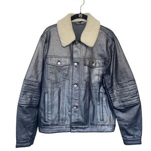 Michael Kors Mens Metallic‎ Moto Trucker Sherpa Collar Jacket Silver size M